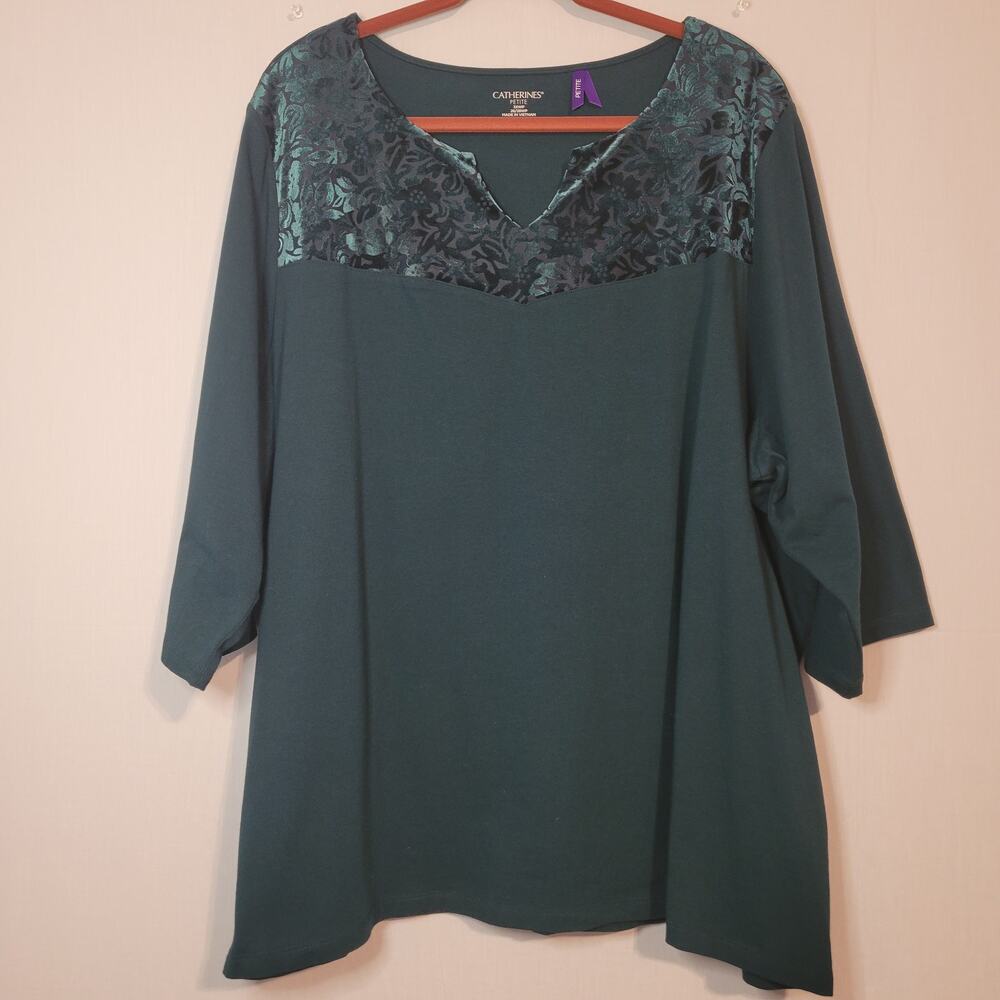 Catherines 3/4 sleeve split neck floral velvet detail top size 3XWP green boho